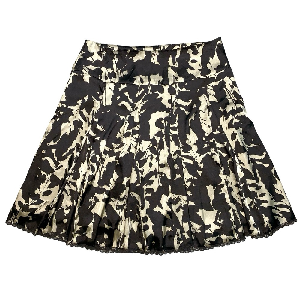 Apostrophe Abstract Print Satin Pleated Midi Skirt Silky Lace Trim Summer Fall - Picture 1 of 16